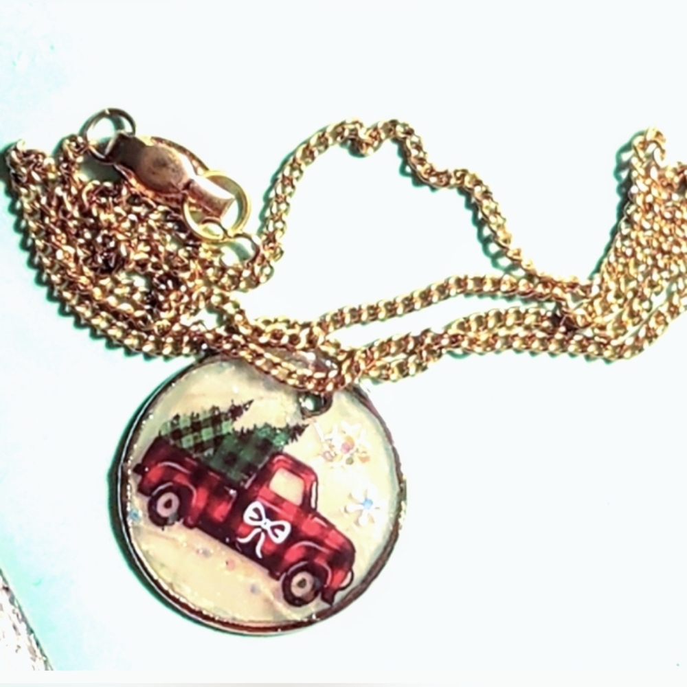 Old Red Truck Hauling Christmas Trees Upcycled Necklace